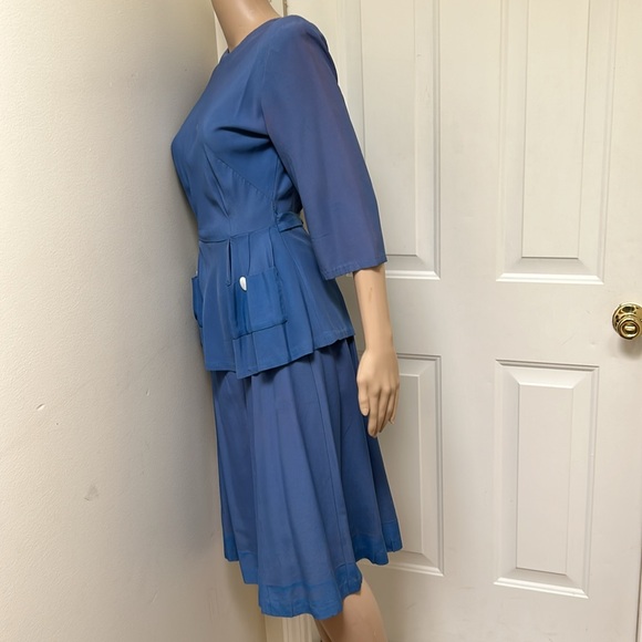 VTG Women's 40s Blue 2 Piece Top & Skirt Set 1940s Dress Suit Peplum Outfit - Picture 4 of 10